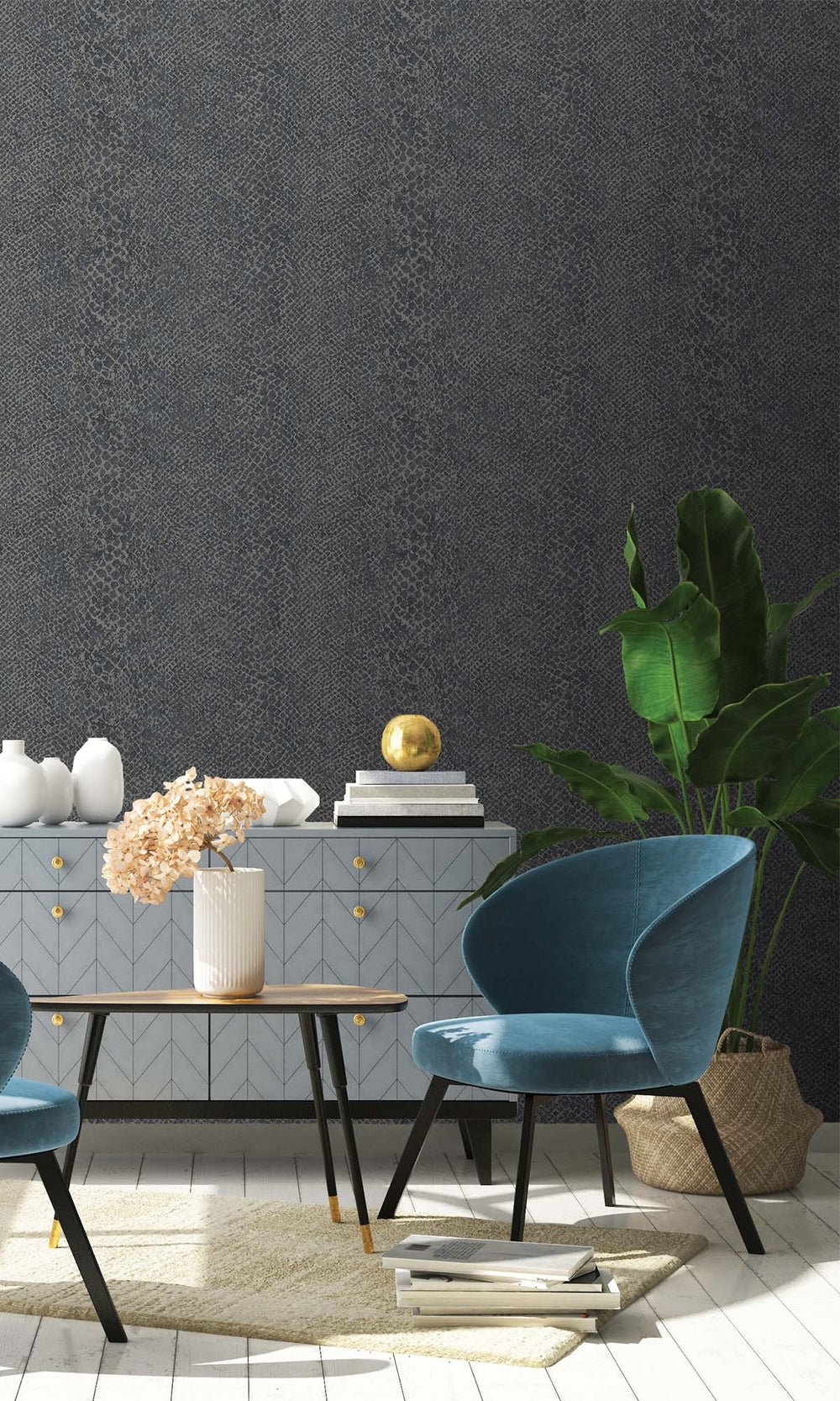 Navy Textured Faux Snakeskin Wallpaper R10347