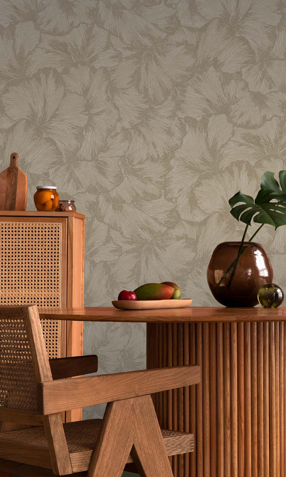 Beige Textured Ginko Leaves Wallpaper R10357