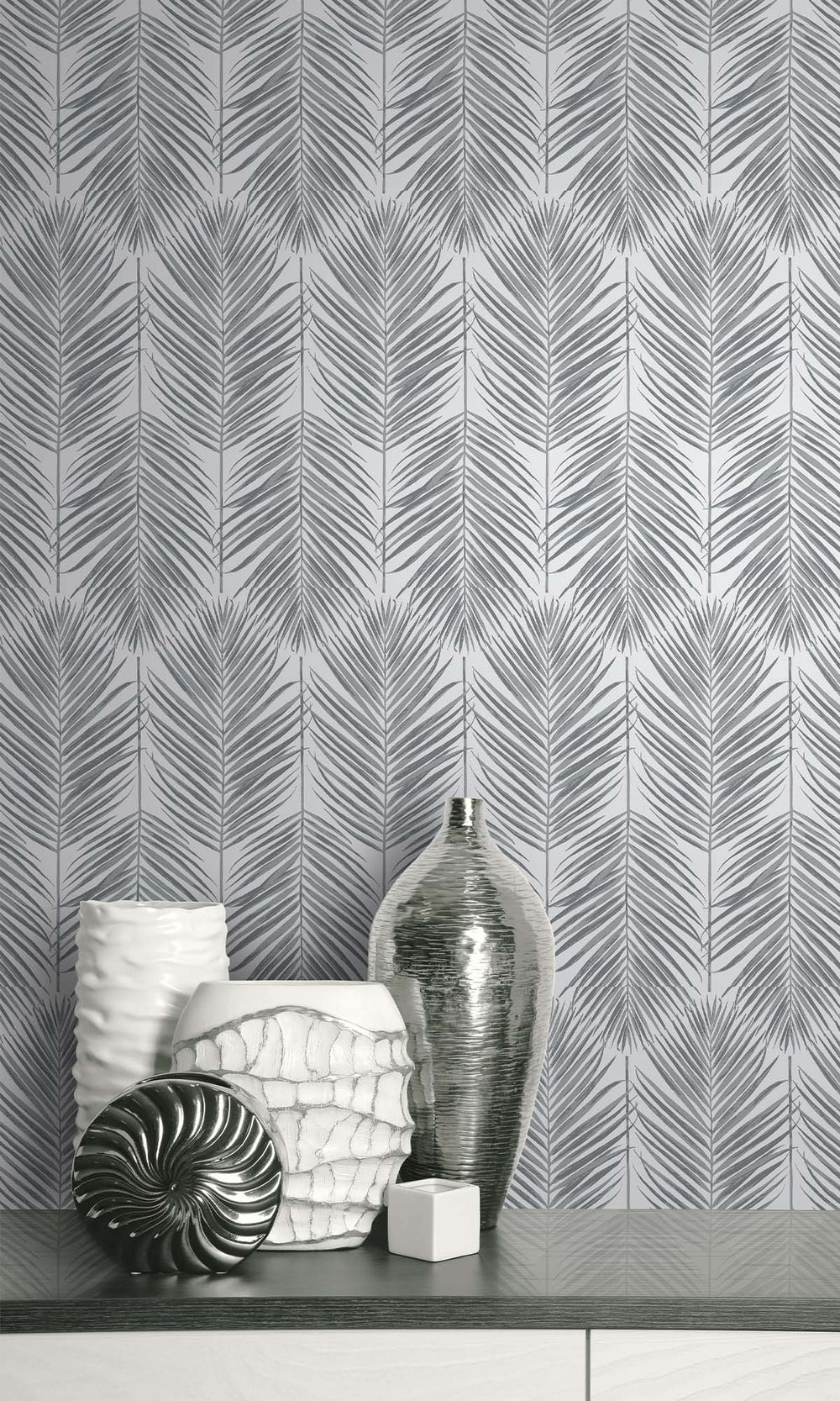 Enchanted Silver Caribbean Palm Leaves Peel & Stick Wallpaper RPS10512