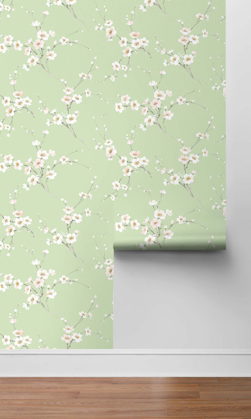 Light Sage Sakura Blossoms Peel & Stick Wallpaper RPS10517
