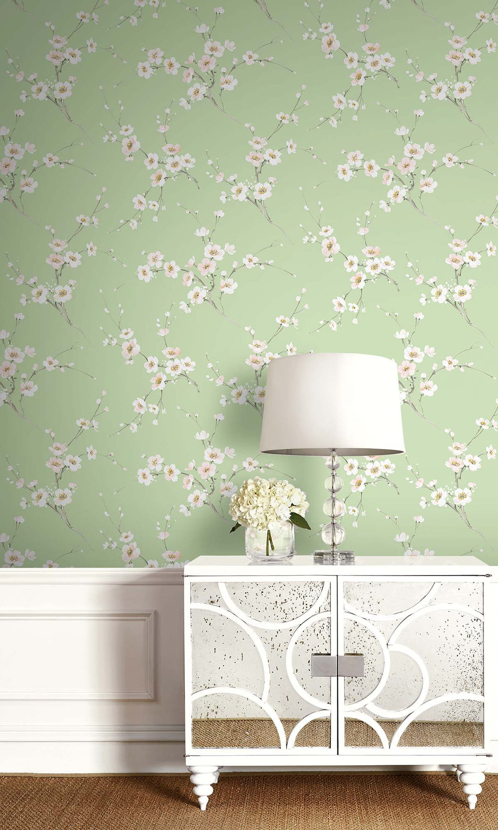 Light Sage Sakura Blossoms Peel & Stick Wallpaper RPS10517