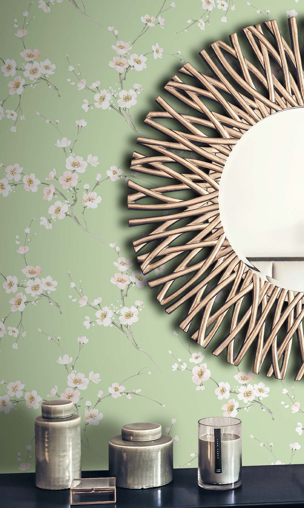 Light Sage Sakura Blossoms Peel & Stick Wallpaper RPS10517
