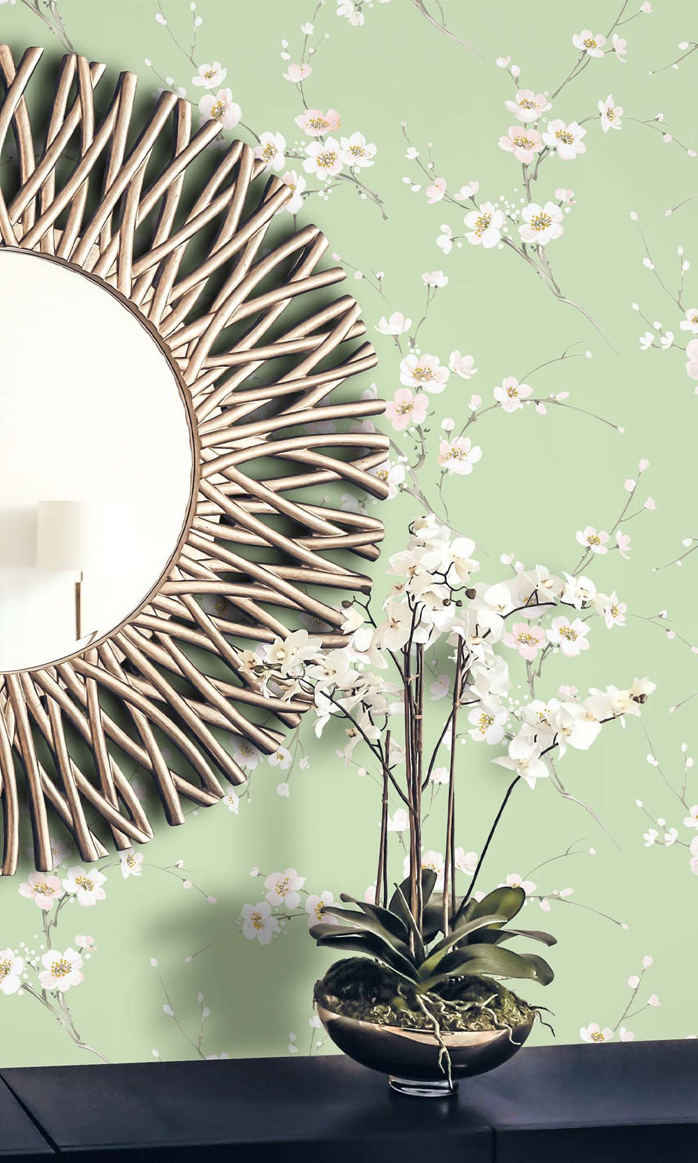 Light Sage Sakura Blossoms Peel & Stick Wallpaper RPS10517