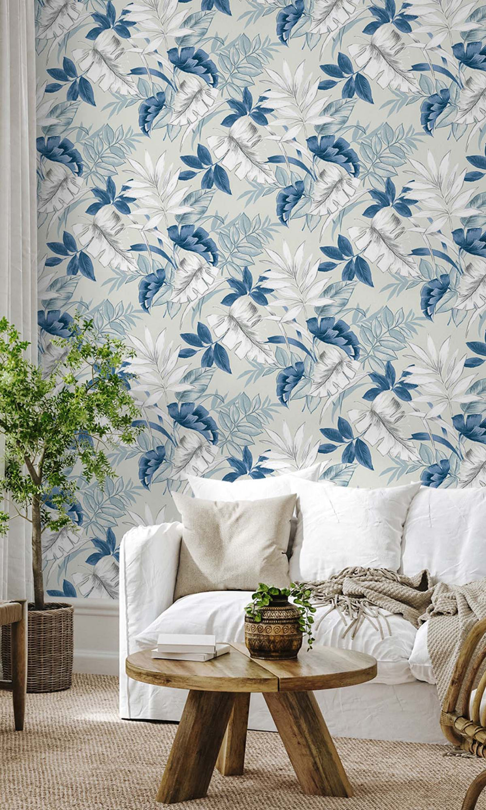 Greyish Blue Tropical Leaves Peel & Stick Wallpaper RPS10527