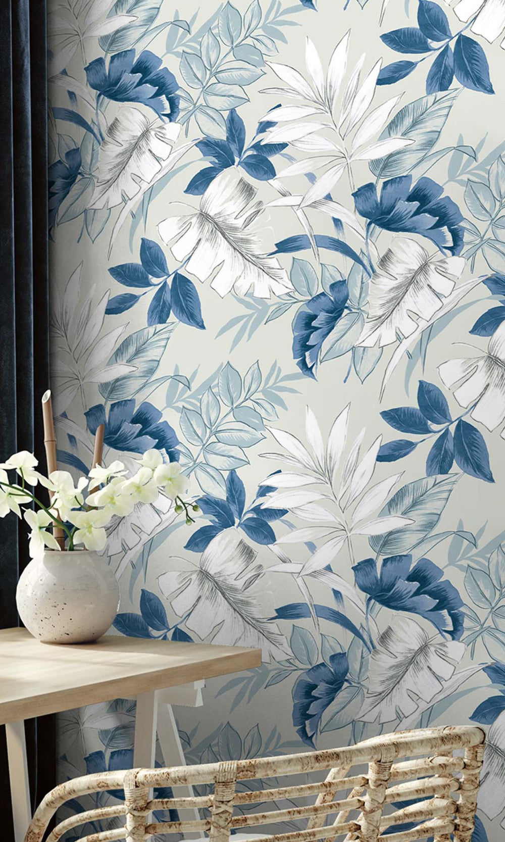 Greyish Blue Tropical Leaves Peel & Stick Wallpaper RPS10527
