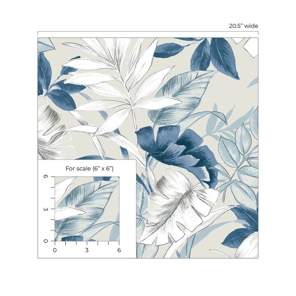 Greyish Blue Tropical Leaves Peel & Stick Wallpaper RPS10527