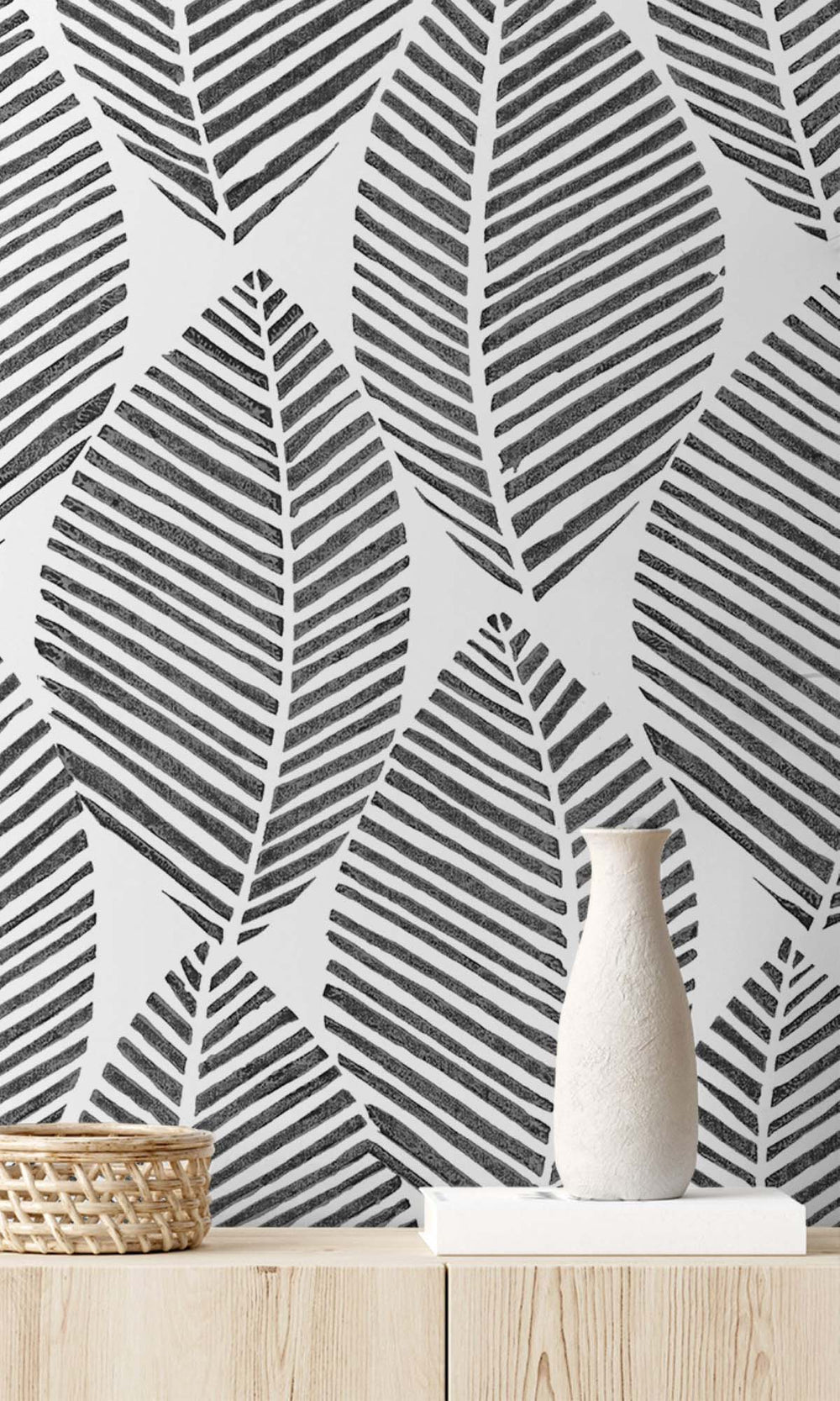 Black & White Pressed Leaves Peel & Stick Wallpaper RPS10528
