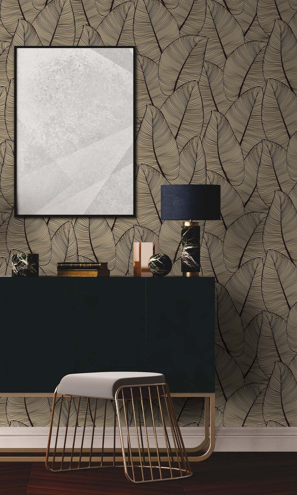 Rattan Palm Gold Painterly Leaves Peel & Stick Wallpaper RPS10536