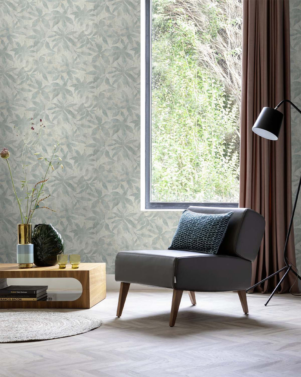 Grey Jade Textured Floral Leaves Wallpaper R10538