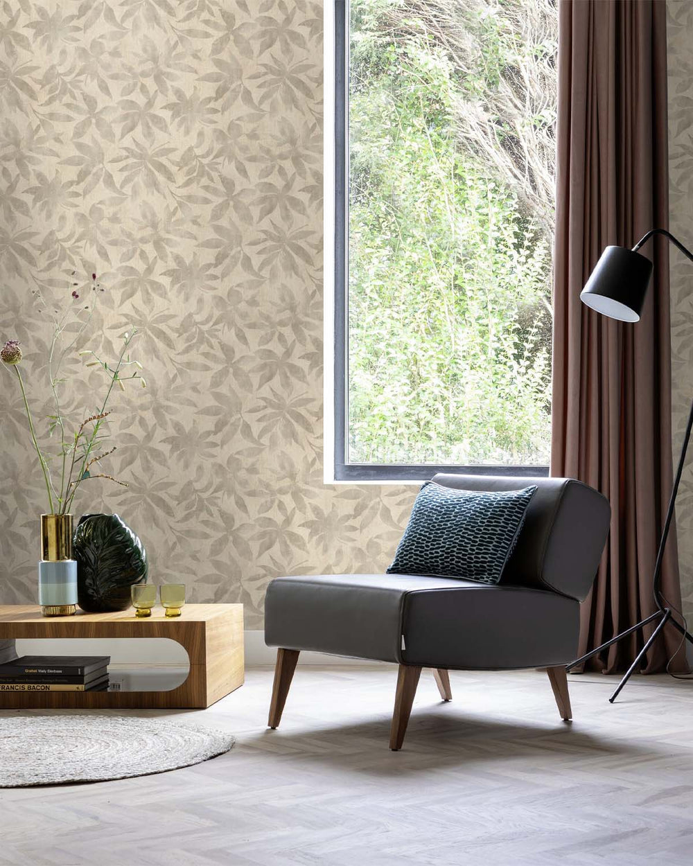 Pigeon Grey Textured Floral Leaves Wallpaper R10539