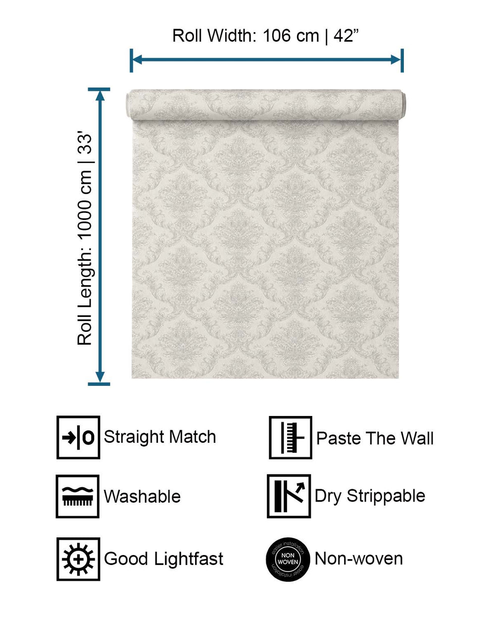 Milk White Classic Damask Wallpaper R10548