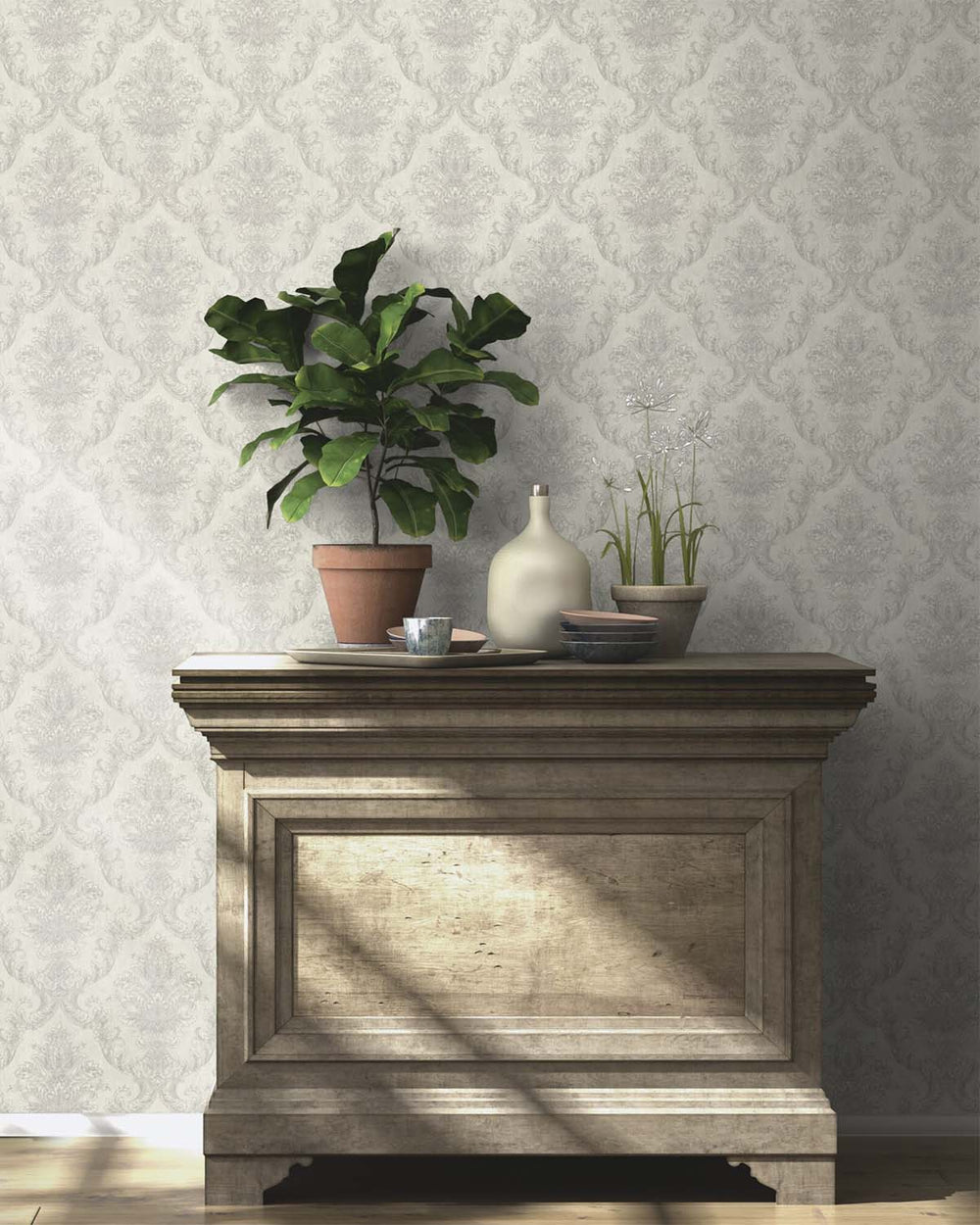 Milk White Classic Damask Wallpaper R10548