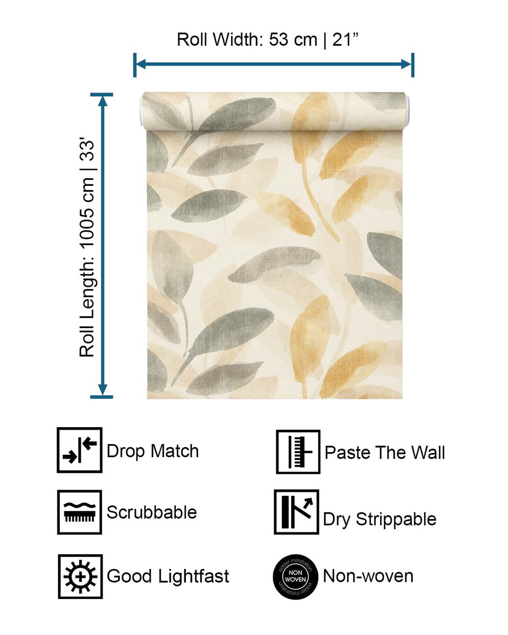 Beige - Multi Watercolor Leaf Print Wallpaper R10609
