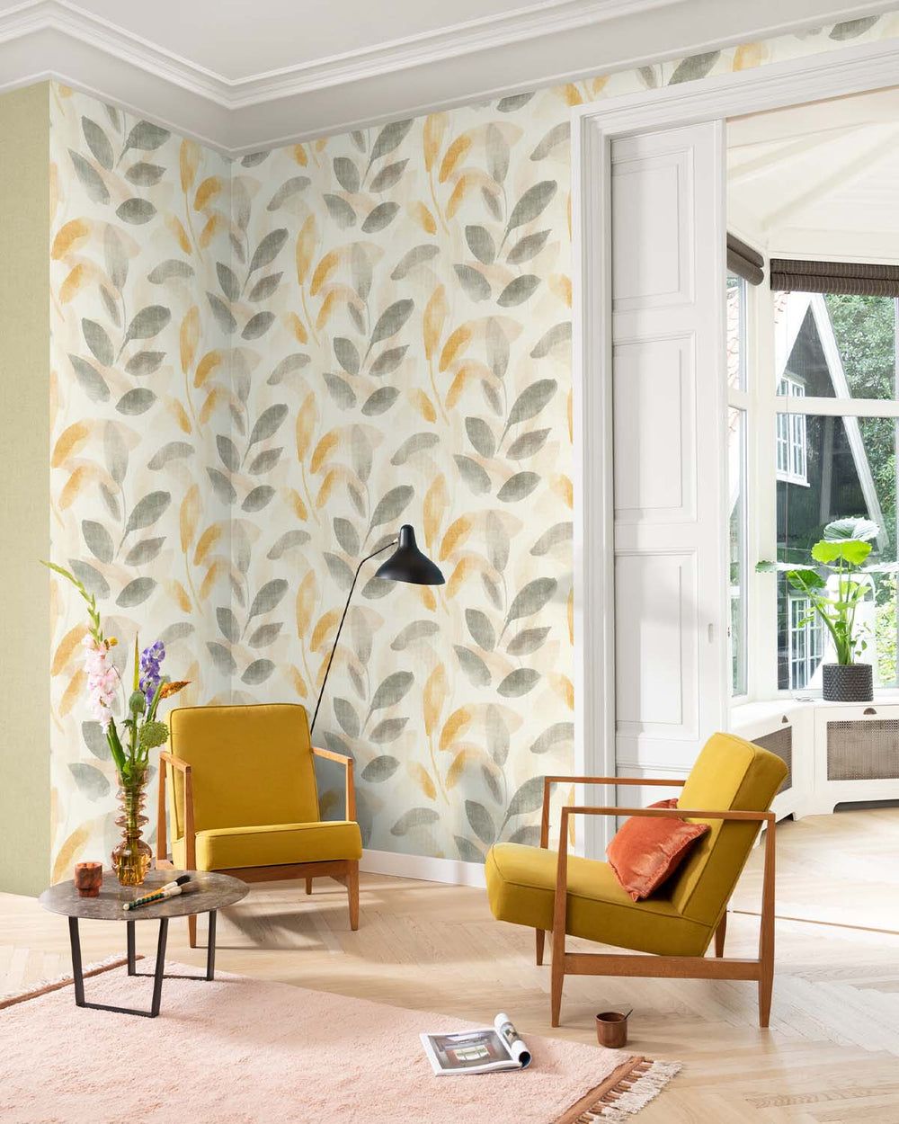 Beige - Multi Watercolor Leaf Print Wallpaper R10609