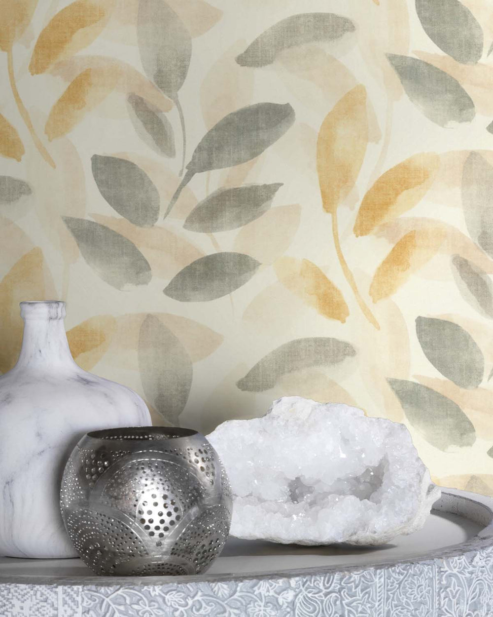 Beige - Multi Watercolor Leaf Print Wallpaper R10609