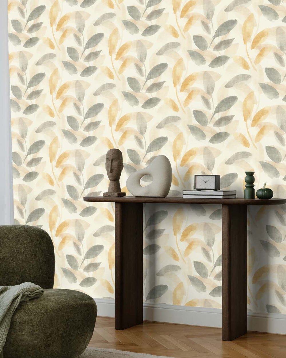 Beige - Multi Watercolor Leaf Print Wallpaper R10609