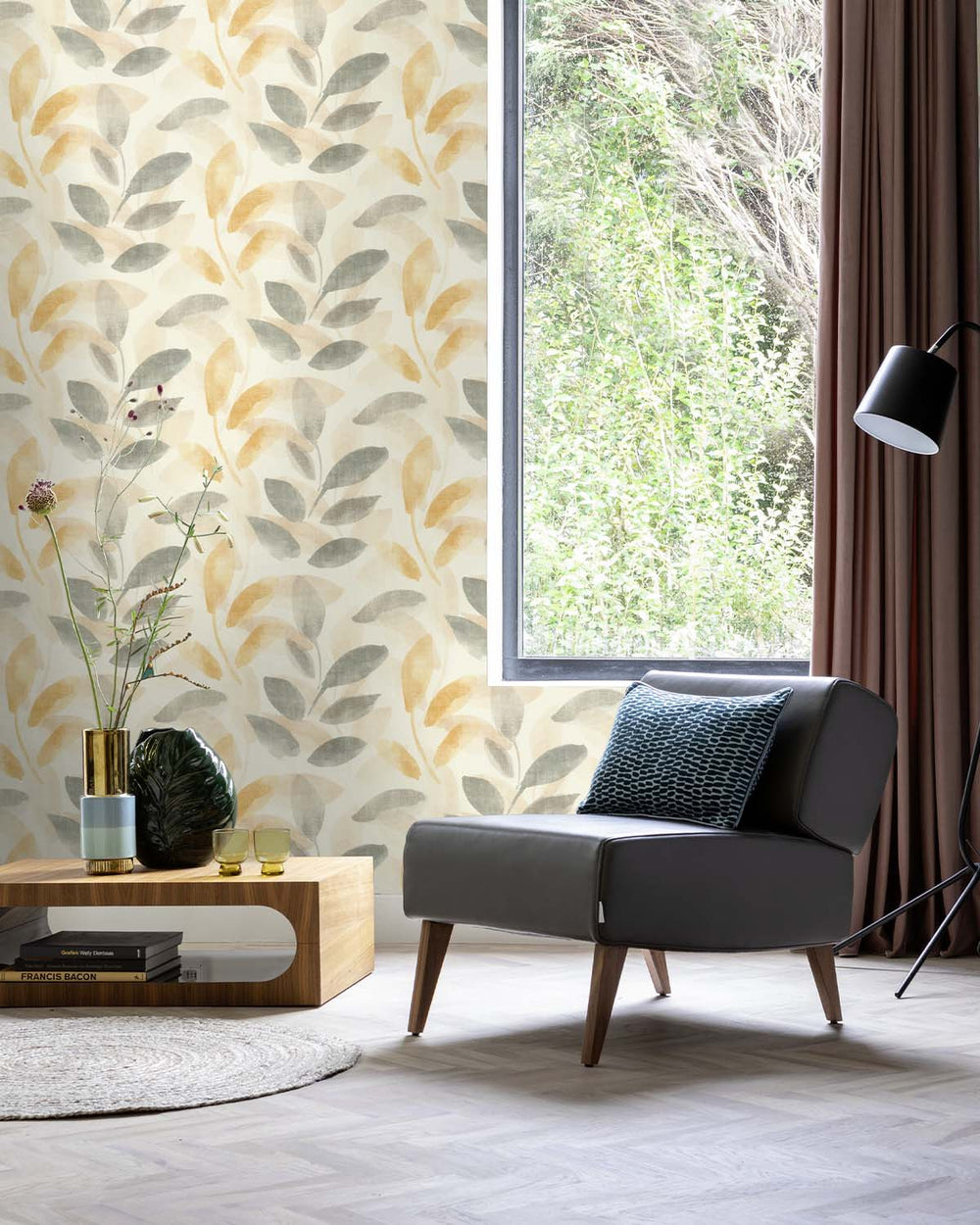 Beige - Multi Watercolor Leaf Print Wallpaper R10609