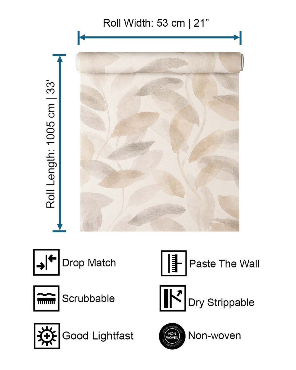 Beige - Grey Watercolor Leaf Print Wallpaper R10610