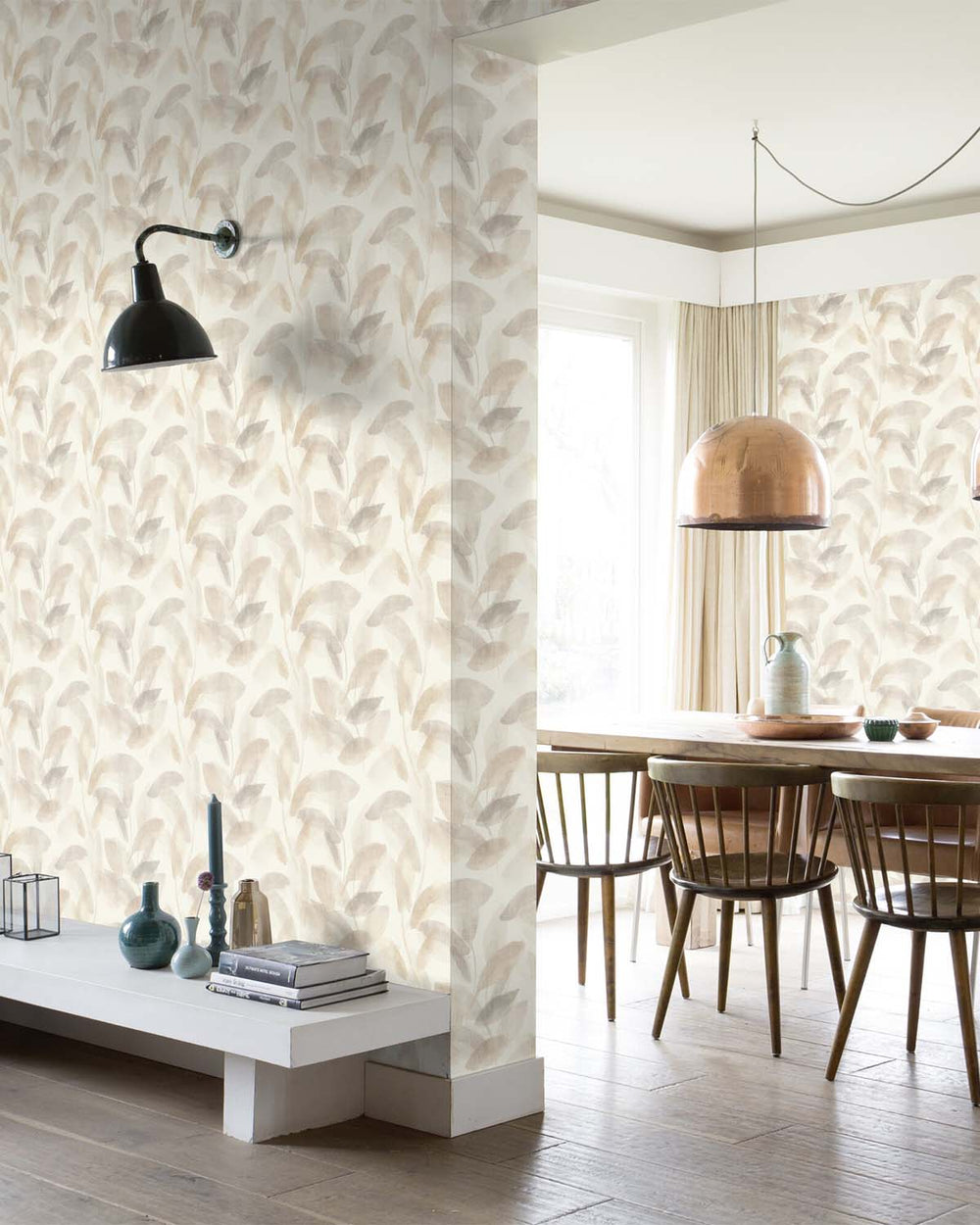 Beige - Grey Watercolor Leaf Print Wallpaper R10610