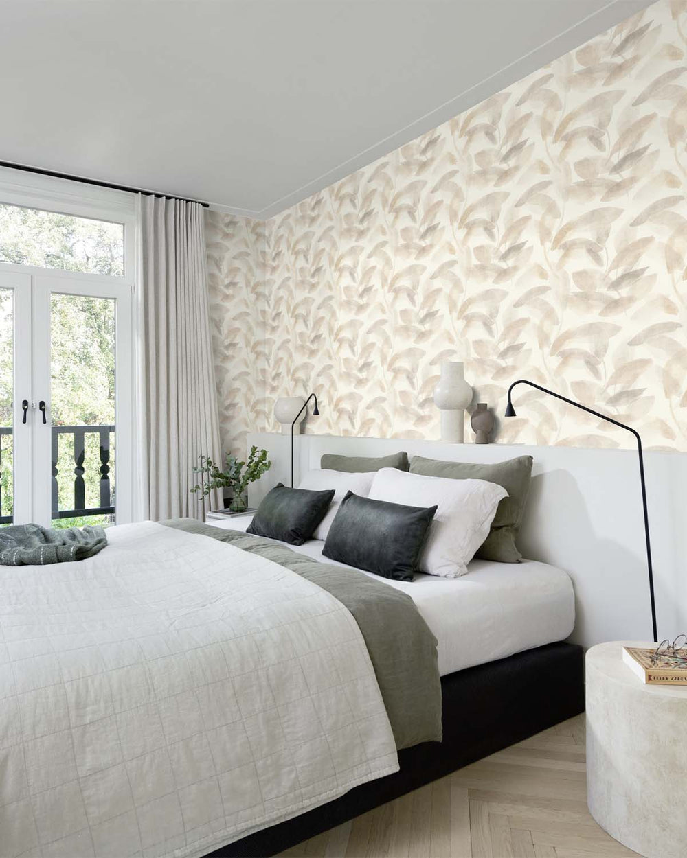 Beige - Grey Watercolor Leaf Print Wallpaper R10610