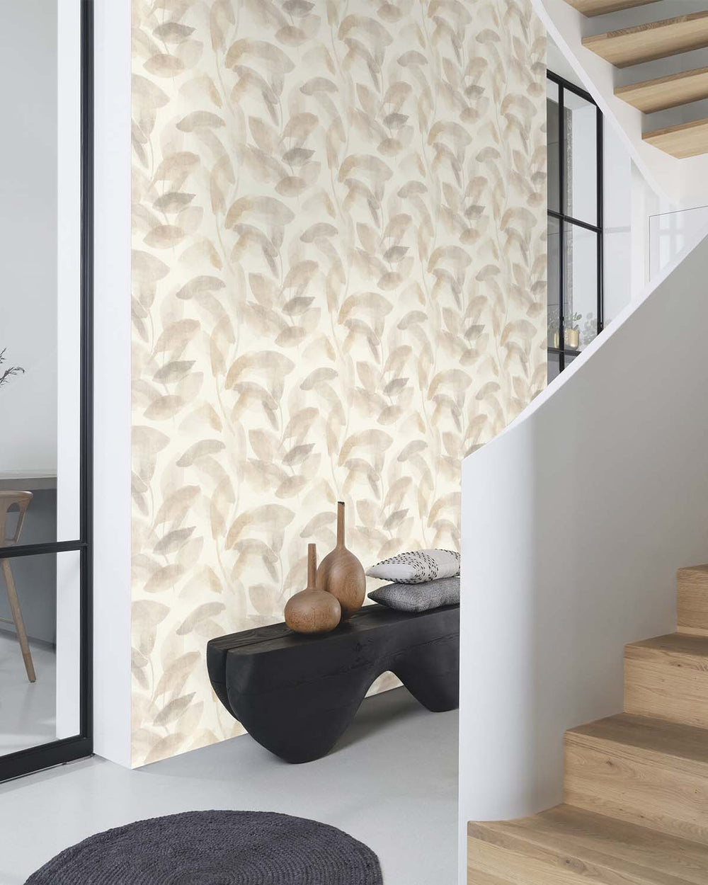 Beige - Grey Watercolor Leaf Print Wallpaper R10610