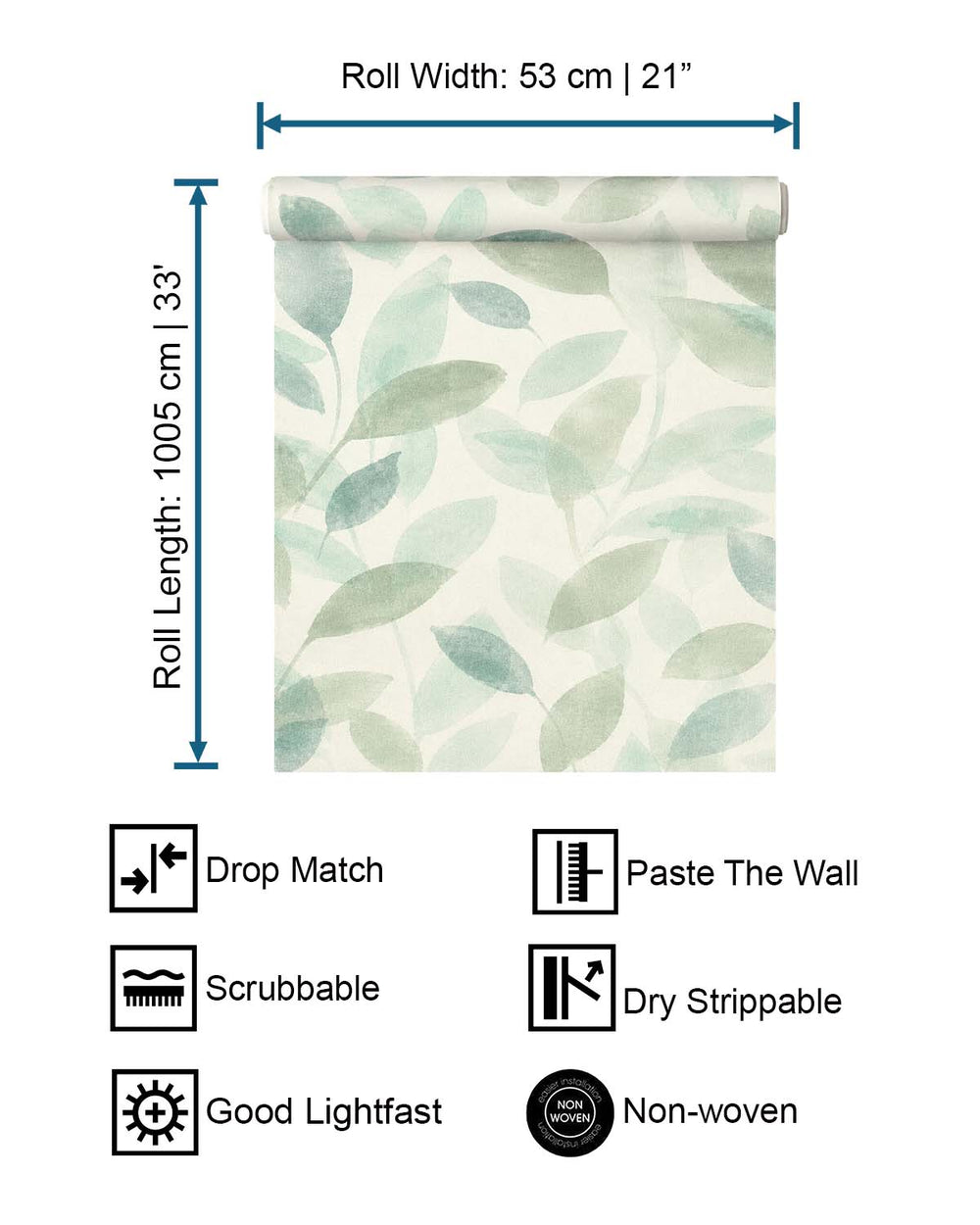 Green - Grey Watercolor Leaf Print Wallpaper R10611