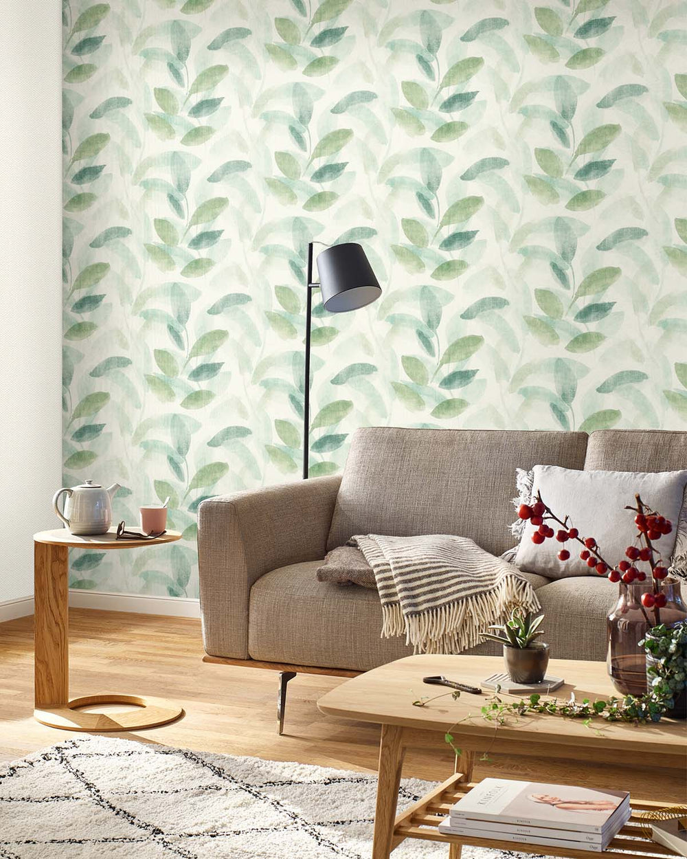 Green - Grey Watercolor Leaf Print Wallpaper R10611
