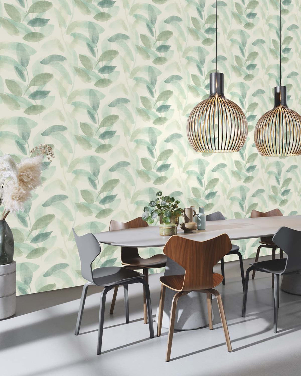 Green - Grey Watercolor Leaf Print Wallpaper R10611