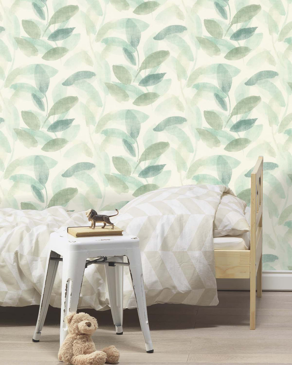 Green - Grey Watercolor Leaf Print Wallpaper R10611