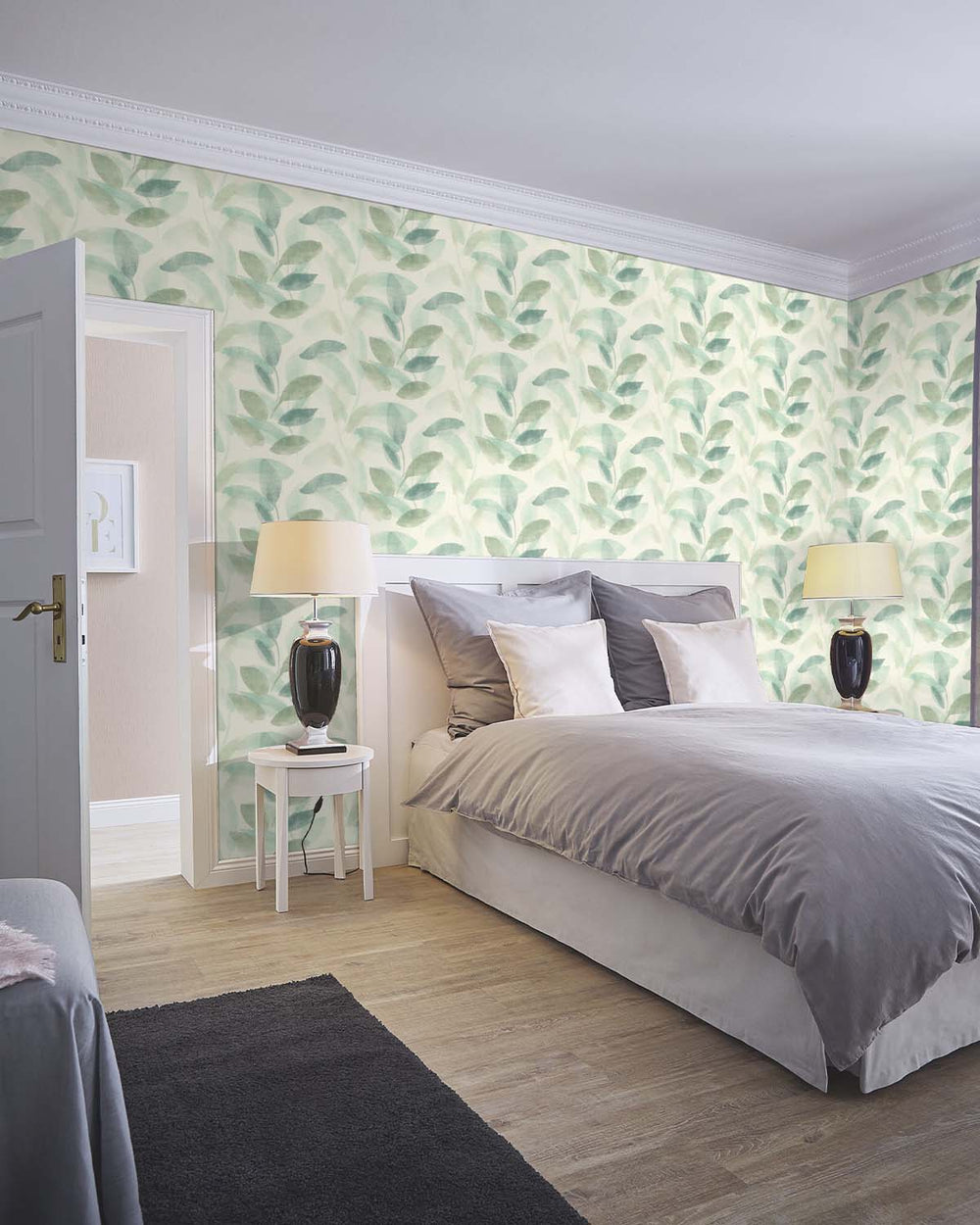 Green - Grey Watercolor Leaf Print Wallpaper R10611