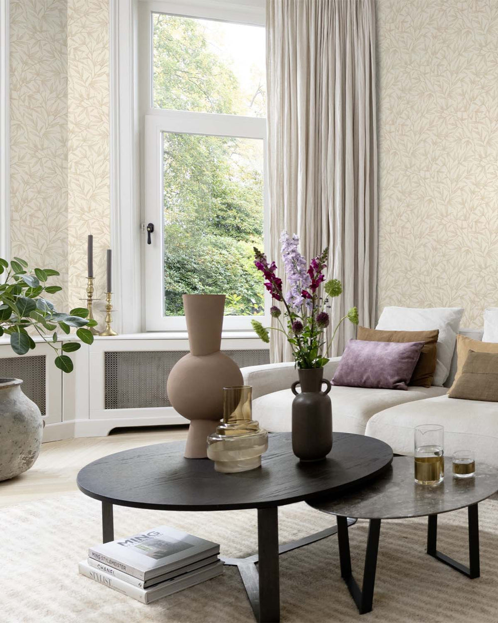 Beige - Grey Allover Bamboo Leaves Wallpaper R10625