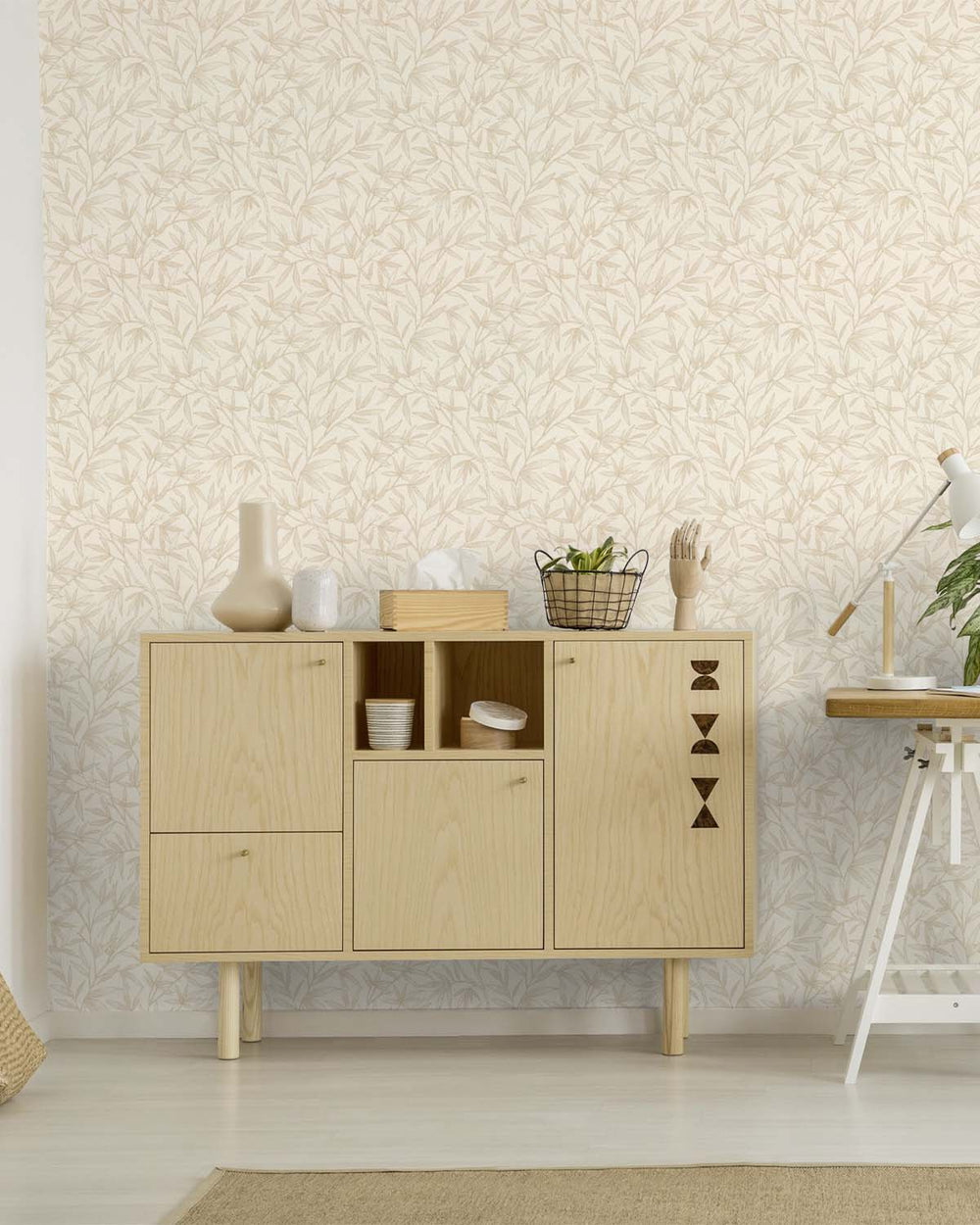 Beige - Grey Allover Bamboo Leaves Wallpaper R10625