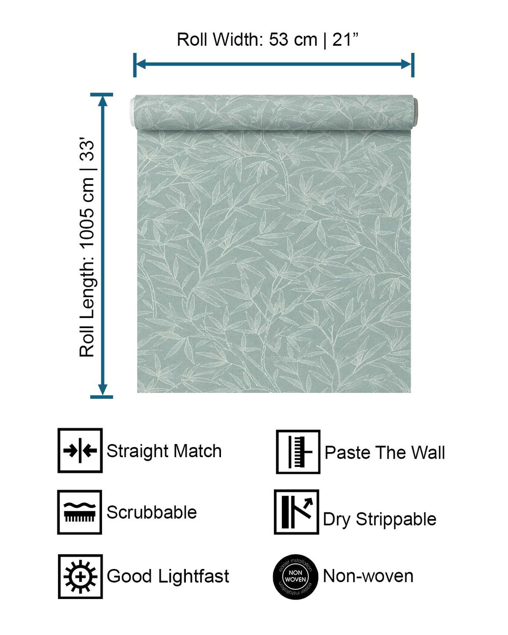 Blue- Green Allover Bamboo Leaves Wallpaper R10627