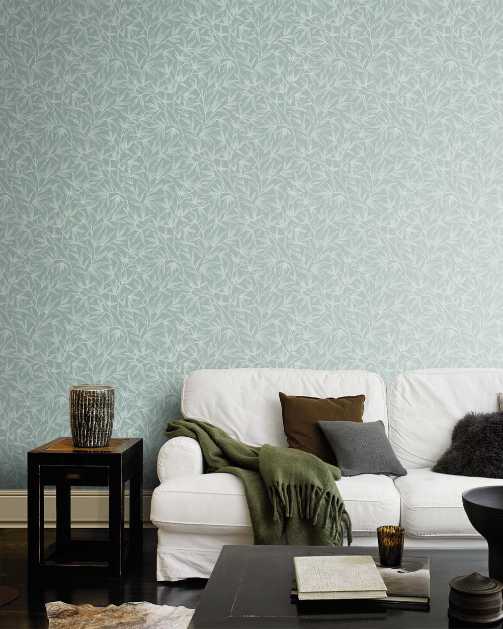 Blue- Green Allover Bamboo Leaves Wallpaper R10627