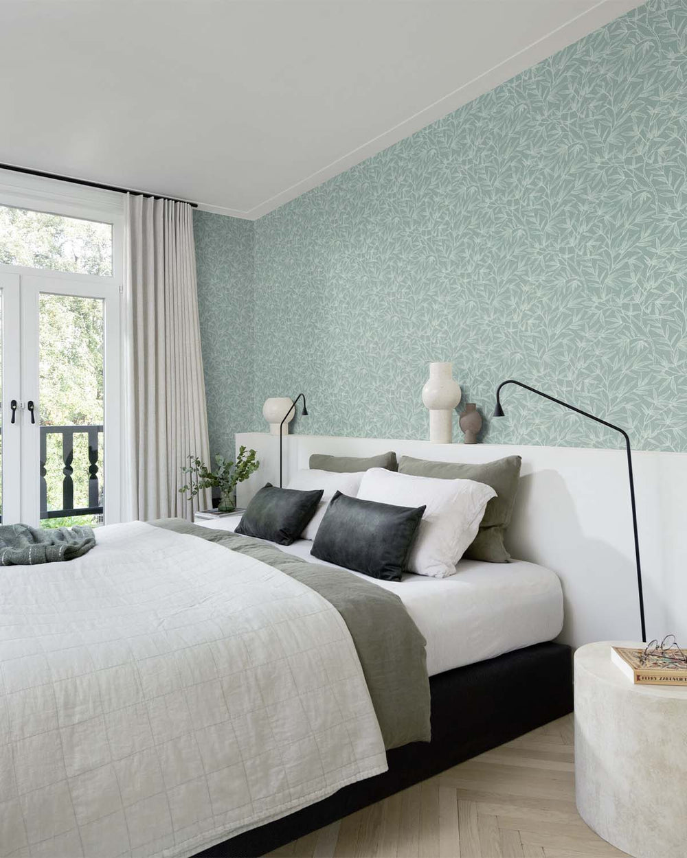 Blue- Green Allover Bamboo Leaves Wallpaper R10627