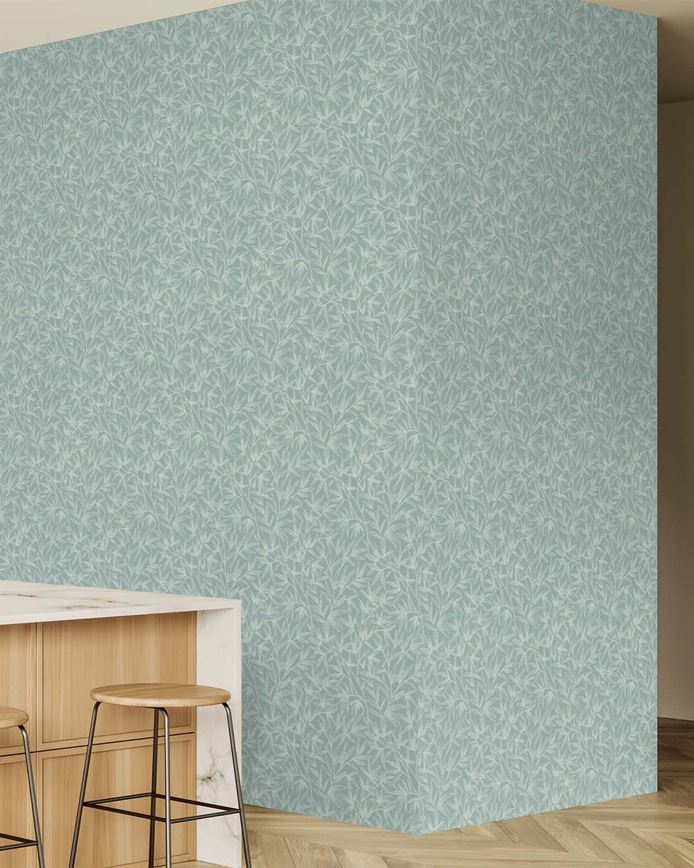 Blue- Green Allover Bamboo Leaves Wallpaper R10627
