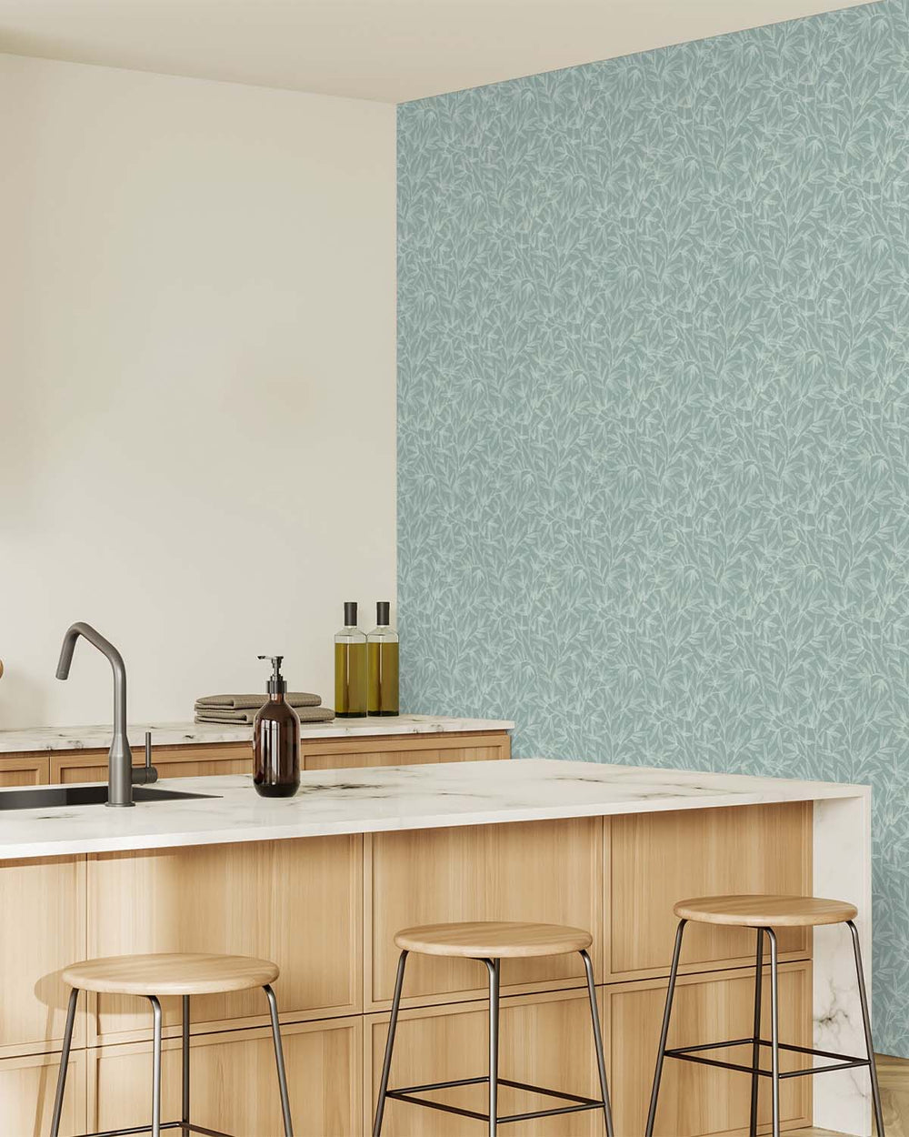 Blue- Green Allover Bamboo Leaves Wallpaper R10627