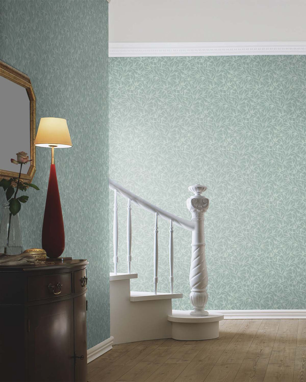 Blue- Green Allover Bamboo Leaves Wallpaper R10627