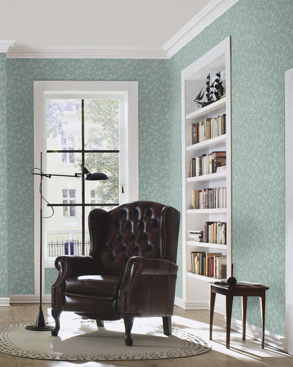 Blue- Green Allover Bamboo Leaves Wallpaper R10627