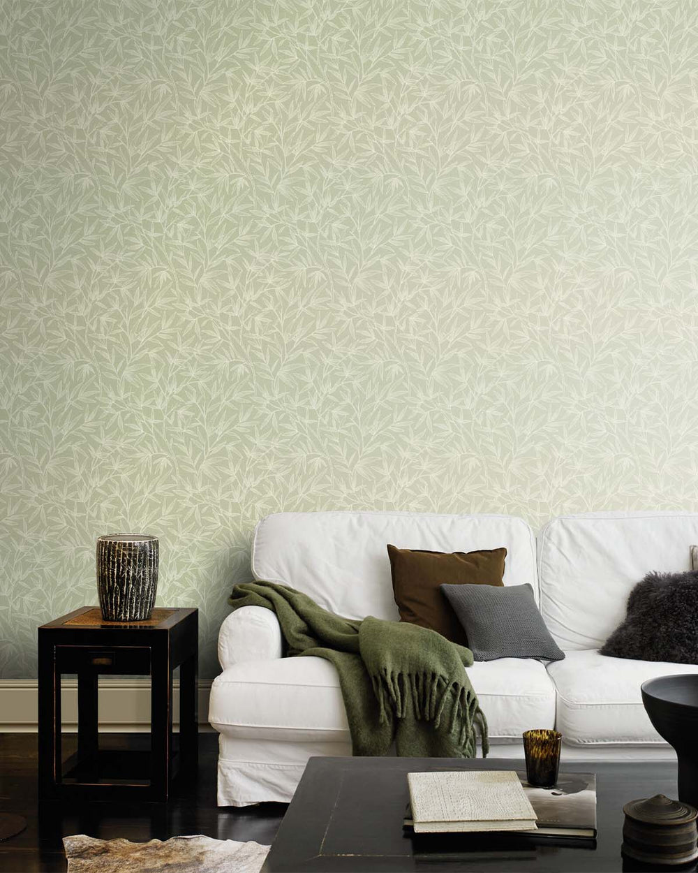 Green - Greige Allover Bamboo Leaves Wallpaper R10628