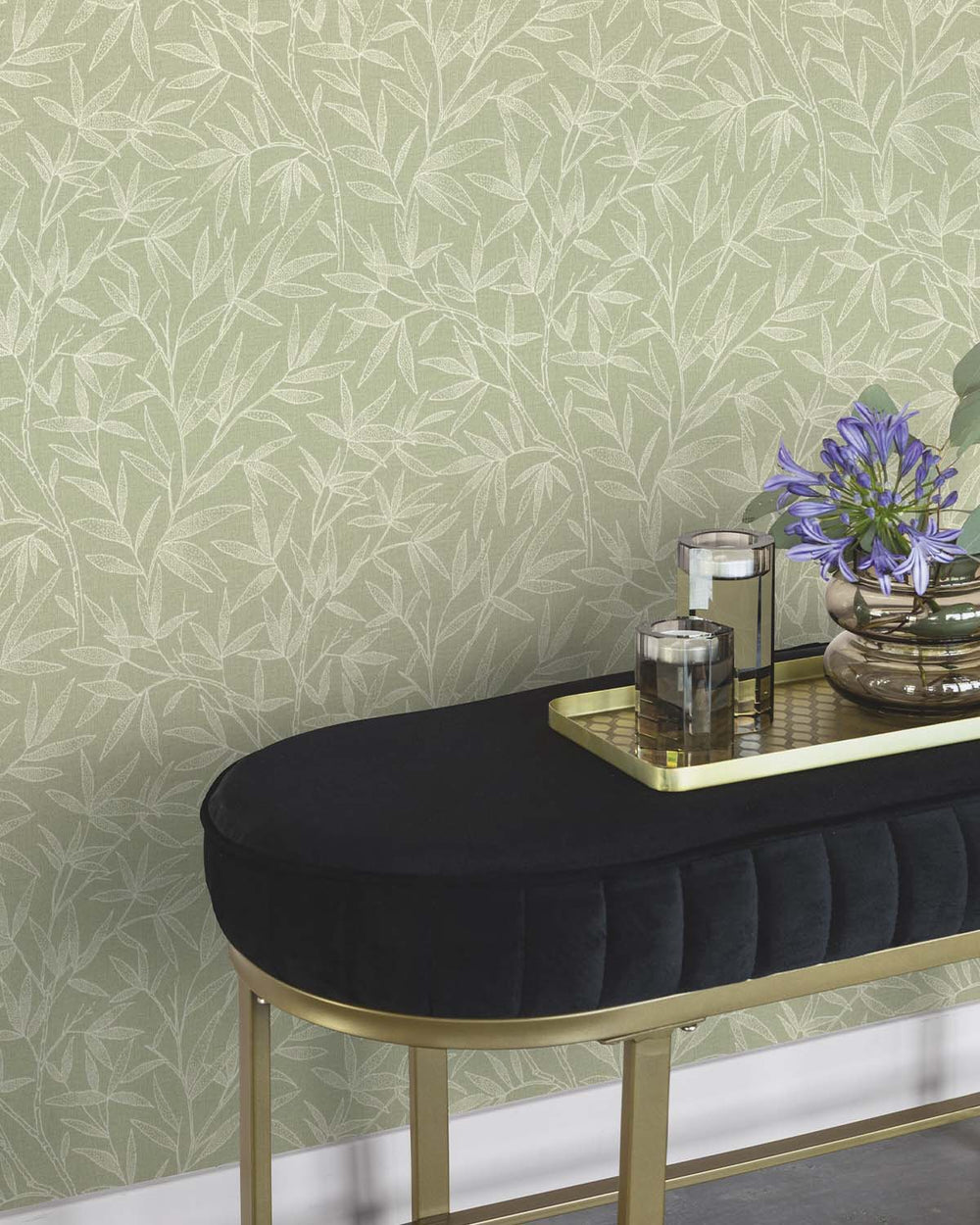 Green - Greige Allover Bamboo Leaves Wallpaper R10628