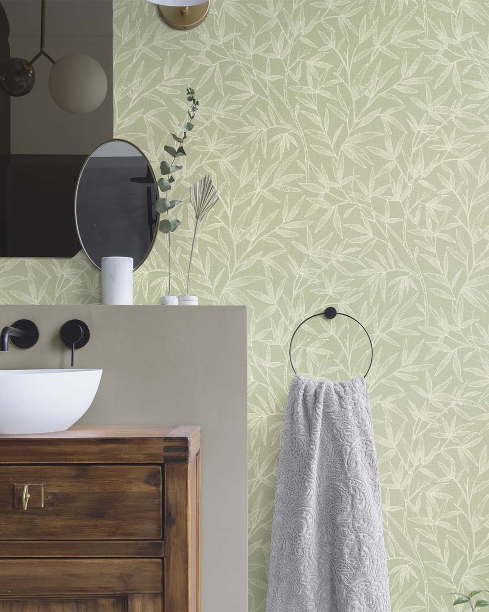 Green - Greige Allover Bamboo Leaves Wallpaper R10628