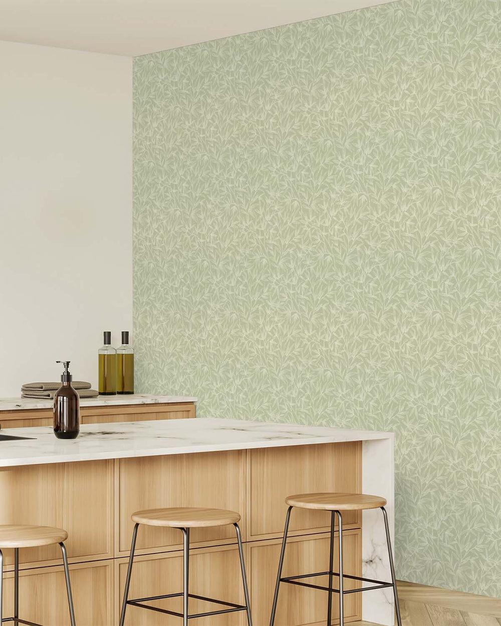 Green - Greige Allover Bamboo Leaves Wallpaper R10628