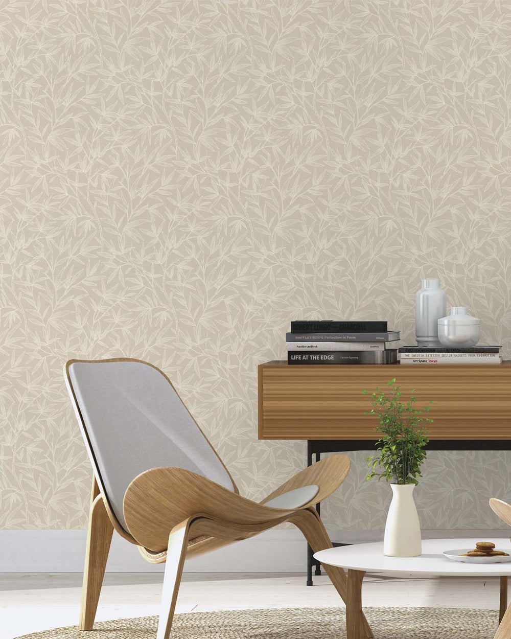 Beige - Greige Allover Bamboo Leaves Wallpaper R10629
