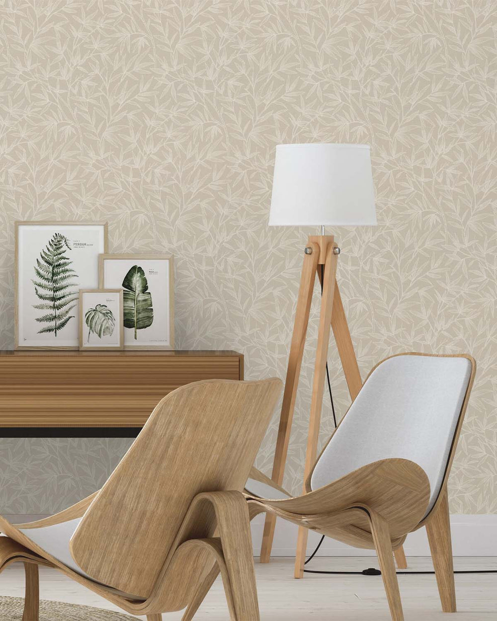 Beige - Greige Allover Bamboo Leaves Wallpaper R10629