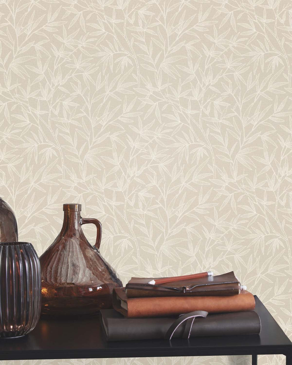 Beige - Greige Allover Bamboo Leaves Wallpaper R10629