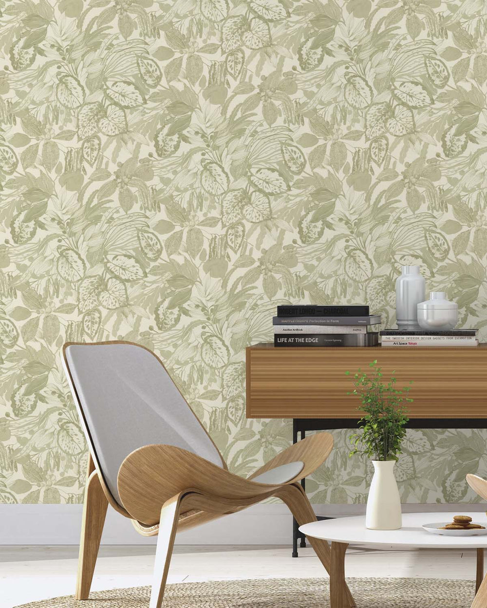 Thistle Green Hand-Drawn Leaf Wallpaper R10632