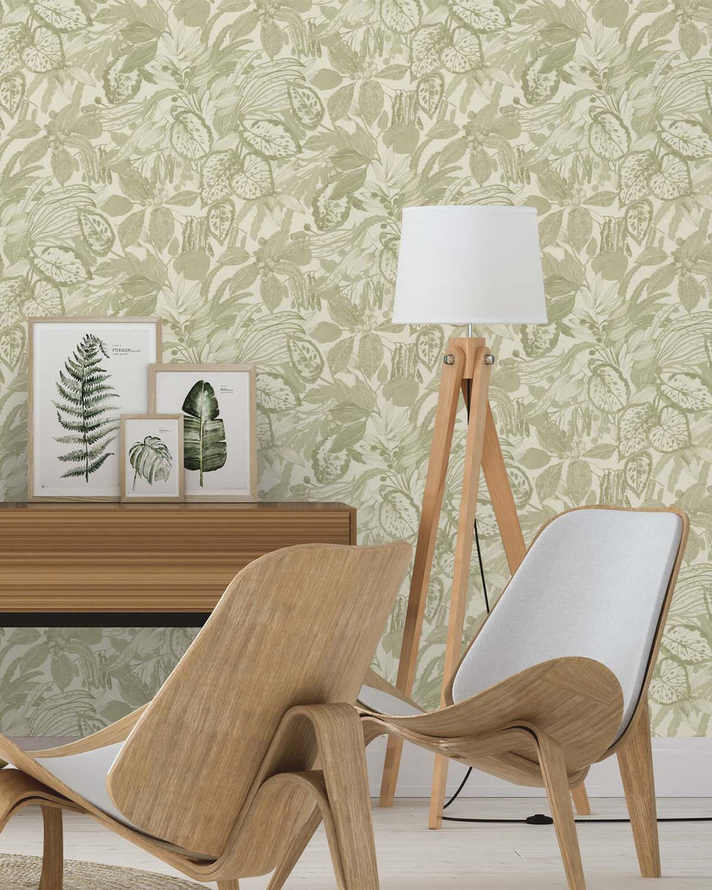 Thistle Green Hand-Drawn Leaf Wallpaper R10632