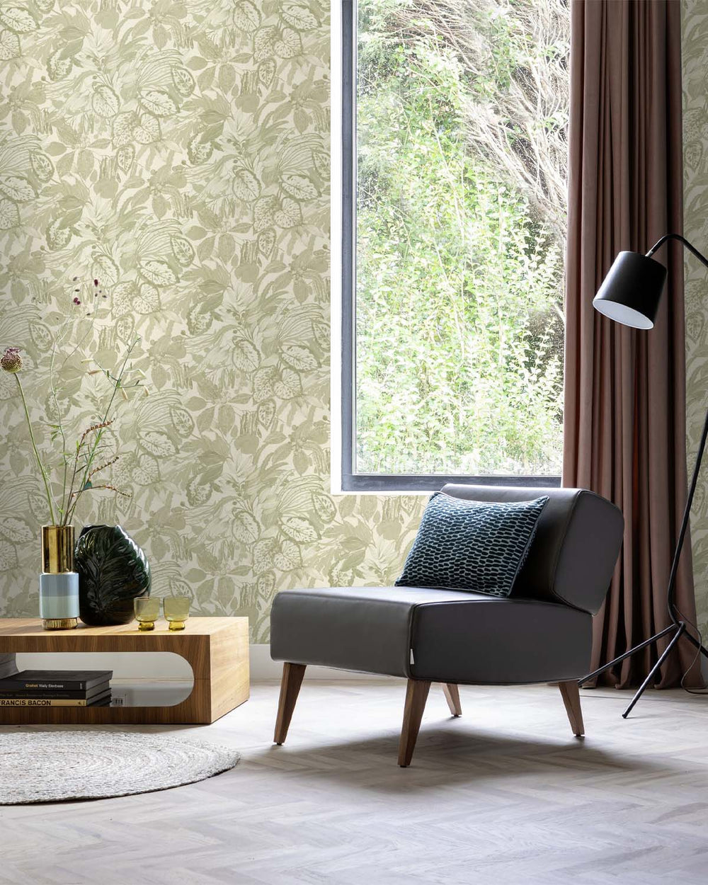 Thistle Green Hand-Drawn Leaf Wallpaper R10632
