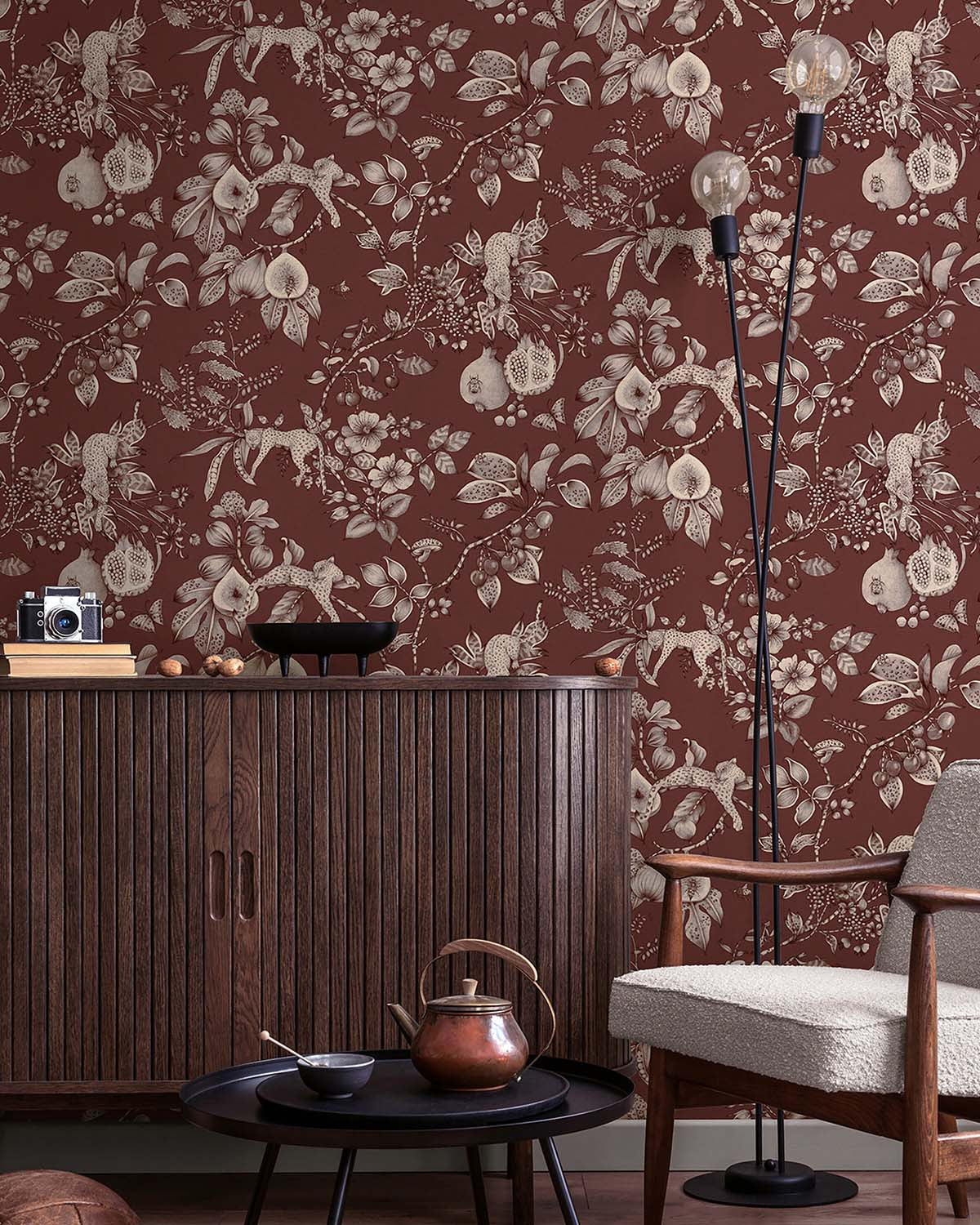 Maroon Whimsical Leopards Wallpaper R10641